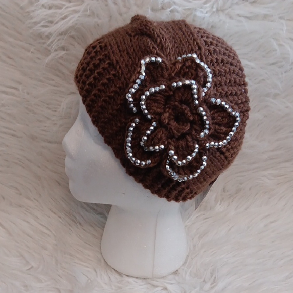 Iris Knit Headband with Silver Floral Design